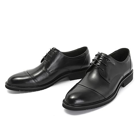 Teenmix/天美意秋专柜同款黑色牛皮革英伦风方跟德比鞋男单鞋2JQ01CM8