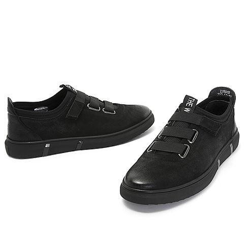 Teenmix/天美意秋专柜同款黑色磨砂牛皮革/织物平跟男休闲鞋2JK01CM8