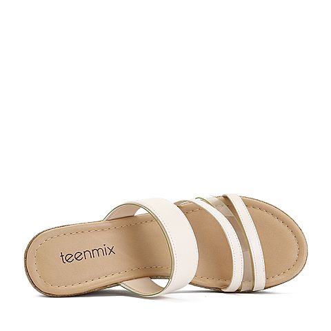 Teenmix/天美意夏专柜同款米/白色简约多条带印花厚底坡跟女拖鞋CC406BT8