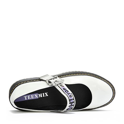 Teenmix/天美意秋白色字母方跟卡乐鞋玛丽珍鞋浅口女单鞋CGS01CQ8