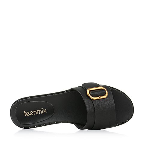 Teenmix/天美意夏专柜同款黑色移膜二层牛皮革方跟女拖鞋CFJ02BT8