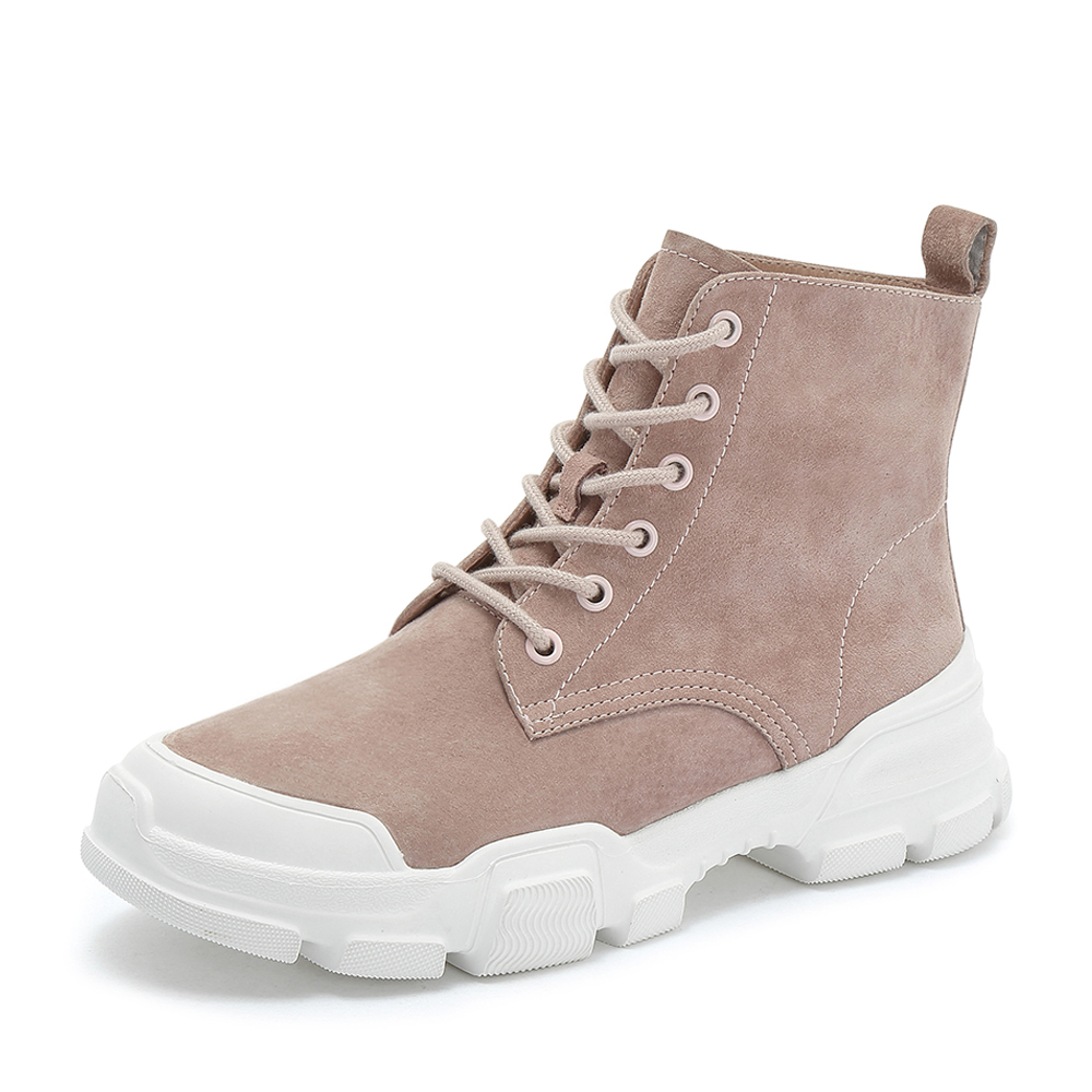 teenmix/天美意2018冬粉色猪皮革街头休闲风平跟马丁靴女短靴18403dd8