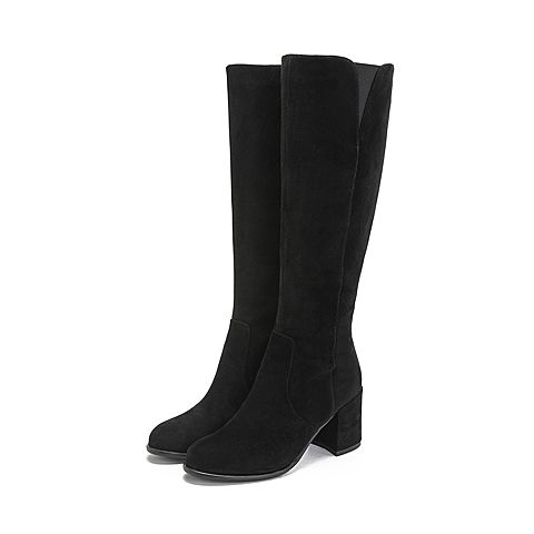 Teenmix/天美意冬商场同款黑色羊绒皮革粗跟高筒靴女长靴CGH81DG8