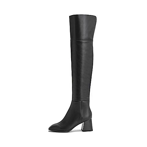 Teenmix/天美意冬商场同款黑色牛皮革粗高跟过膝靴女长靴CFZ91DC8