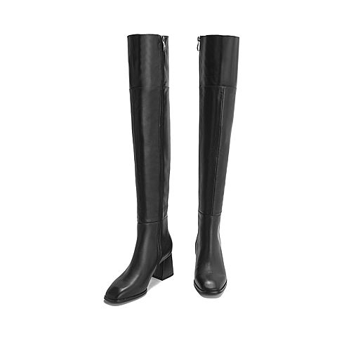 Teenmix/天美意冬商场同款黑色牛皮革粗高跟过膝靴女长靴CFZ91DC8