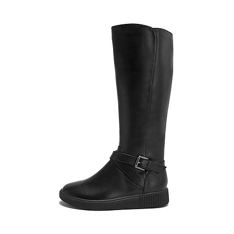Teenmix/天美意冬商场同款黑色牛皮革平跟皮带扣过膝靴女长靴CGD80DG8