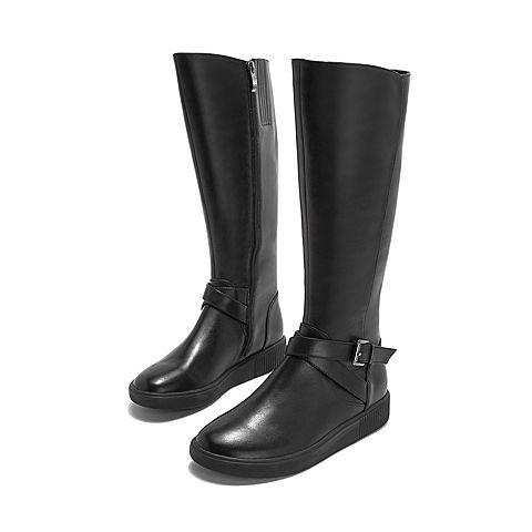 Teenmix/天美意冬商场同款黑色牛皮革平跟皮带扣过膝靴女长靴CGD80DG8
