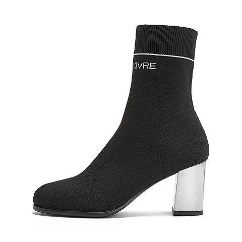 Teenmix/天美意冬商场同款黑/白色布字母粗高跟袜靴女中靴CGH61DZ8