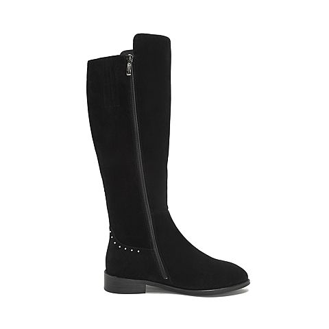 Teenmix/天美意冬商场同款黑色羊绒皮革铆钉方跟女长靴CA581DG8