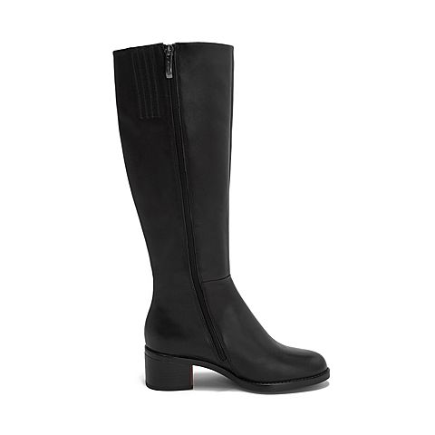 Teenmix/天美意冬商场同款黑色牛皮革舒适方跟过膝靴女长靴CG180DG8