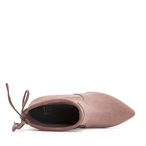 Teenmix/天美意冬商场同款暗粉色弹力布通勤风粗高跟女短靴CFI40DD8