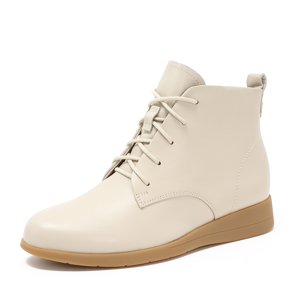 Teenmix/天美意冬商场同款米白色牛皮革休闲风平跟女短靴CG640DD8