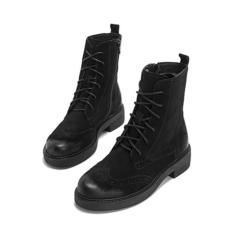Teenmix/天美意冬商场同款黑色/绒面剖层牛皮革舒适方跟马丁靴女短靴CF160DZ8