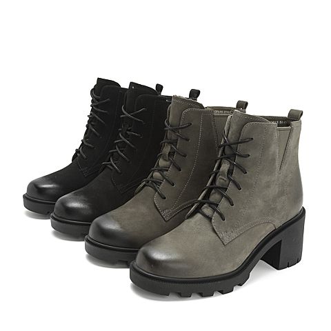 Teenmix/天美意冬专柜同款灰色磨砂牛皮革粗高跟马丁靴女短靴CFE40DD8