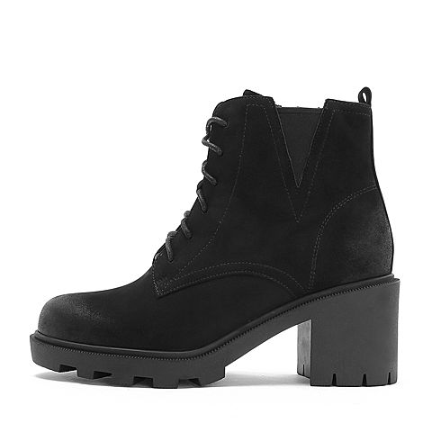 Teenmix/天美意冬专柜同款黑色磨砂牛皮革粗高跟马丁靴女短靴CFE40DD8