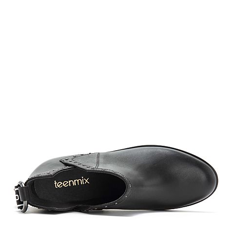 Teenmix/天美意冬专柜同款黑色打蜡牛皮革字母织带方跟女短靴CBQ40DD8