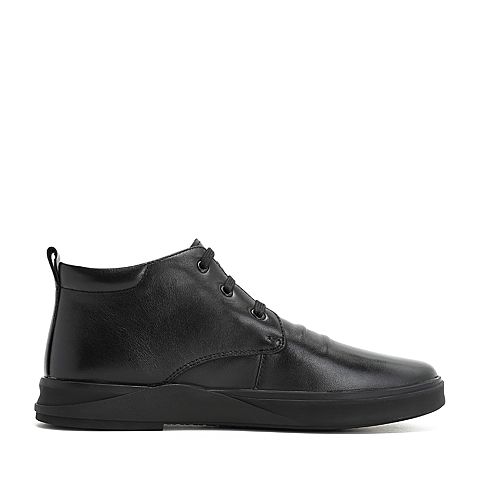 Teenmix/天美意冬商场同款黑色软面牛皮革褶皱舒适平跟男低靴（绒里）BMT05DD8