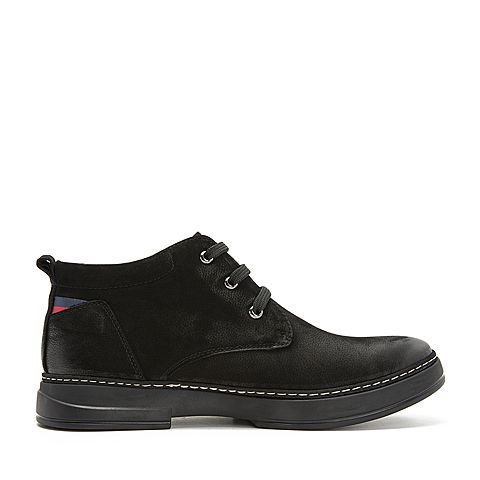 Teenmix/天美意冬商场同款黑色磨砂牛皮革平跟男休闲靴BXF01DD8