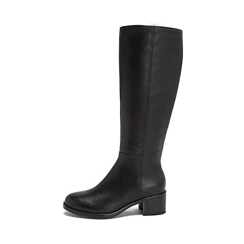 Teenmix/天美意冬黑色牛皮革舒适方跟骑士靴高筒女长靴(绒里)CG181DG8