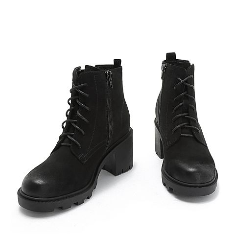 Teenmix/天美意冬专柜同款黑绒里磨砂牛皮革粗高跟马丁靴女短靴(绒里)CFE40DD8