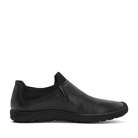 Teenmix/天美意秋商场同款黑色摔纹牛皮革/纺织物平跟男休闲鞋CBS01CM8
