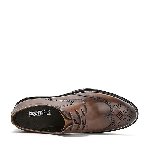 Teenmix/天美意冬商场同款棕色牛皮革英伦风方跟德比鞋男皮鞋2KV01DM8