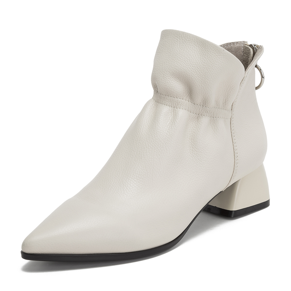 teenmix/天美意冬商场同款米白色牛皮革通勤风粗跟女短靴as711dd8