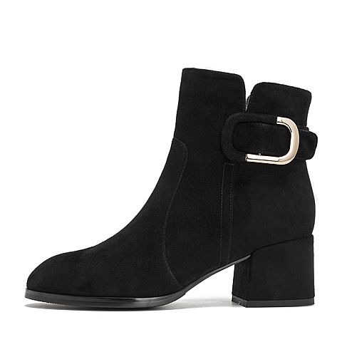 Teenmix/天美意冬商场同款黑色羊绒皮革通勤风粗跟女短靴(绒里)AS801DD8