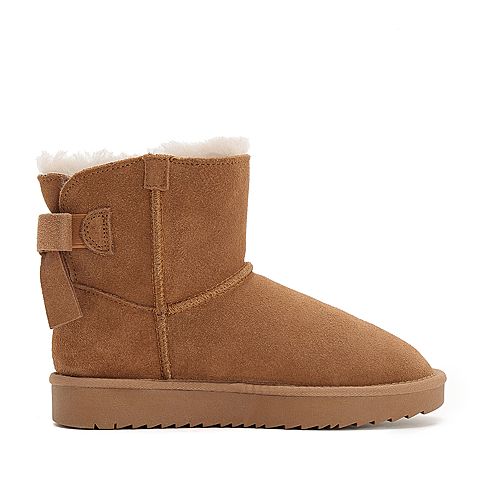 Teenmix/天美意冬商场同款棕色牛剖层皮革蝴蝶结平跟雪地靴女短靴AS911DD8