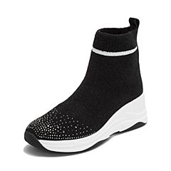 Teenmix/天美意2018冬商场同款黑色纺织品厚底袜靴女休闲靴AS931DD8