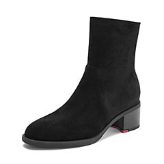 Teenmix/天美意冬商场同款黑色羊绒皮革/纺织品粗跟欧美简约女中靴AT071DZ8