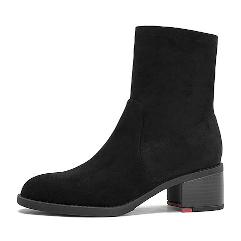 Teenmix/天美意冬商场同款黑色羊绒皮革/纺织品粗跟欧美简约女中靴AT071DZ8