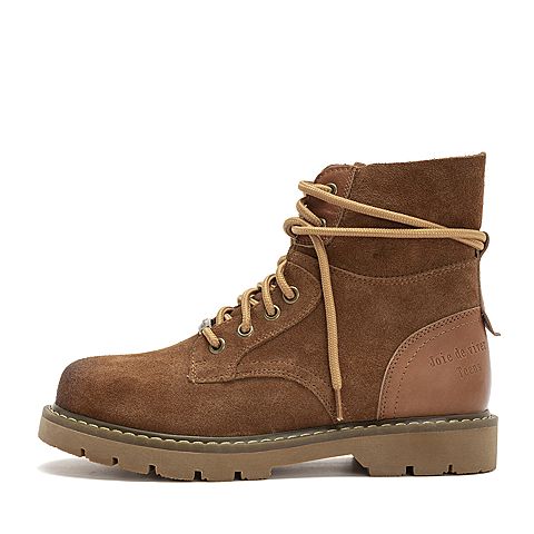 Teenmix/天美意冬商场同款棕色牛剖层皮革休闲风方跟马丁靴女短靴（绒里）AT131DD8