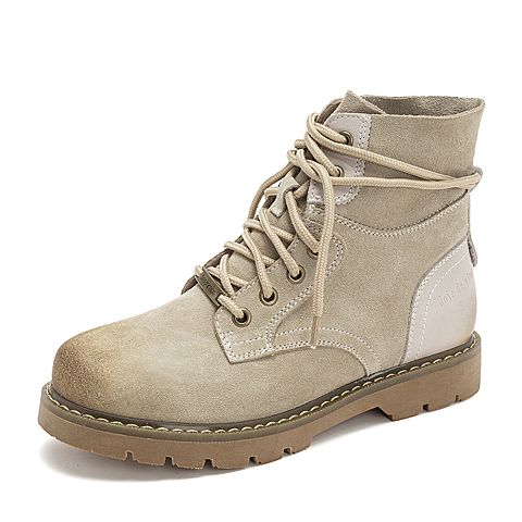 Teenmix/天美意冬商场同款米白色牛剖层皮革休闲风方跟马丁靴女短靴（绒里）AT131DD8