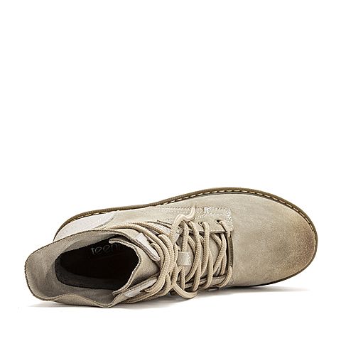 Teenmix/天美意冬商场同款米白色牛剖层皮革休闲风方跟马丁靴女短靴（绒里）AT131DD8