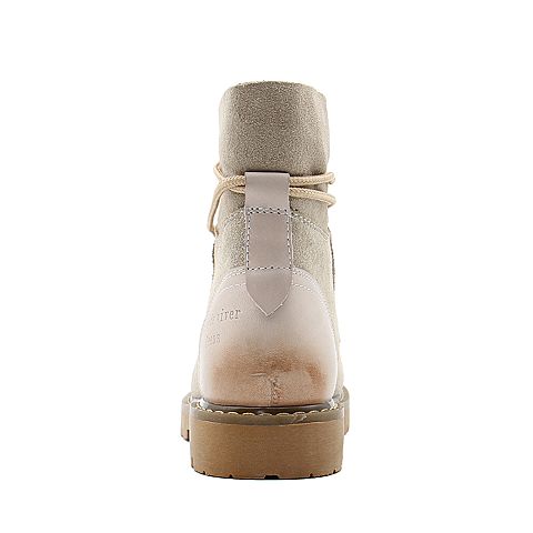 Teenmix/天美意冬商场同款米白色牛剖层皮革休闲风方跟马丁靴女短靴AT131DD8