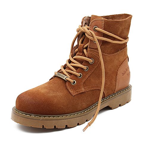 Teenmix/天美意冬商场同款棕色牛剖层皮革休闲风方跟马丁靴女短靴AT131DD8