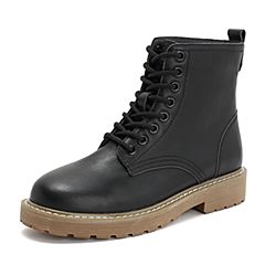 Teenmix/天美意2018冬商场同款黑色牛皮革方跟马丁靴女短靴AS521DD8