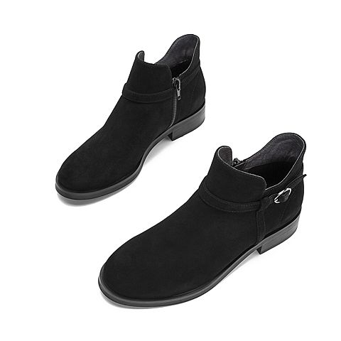 Teenmix/天美意冬商场同款黑色羊绒皮革舒适方跟女短靴AS531DD8