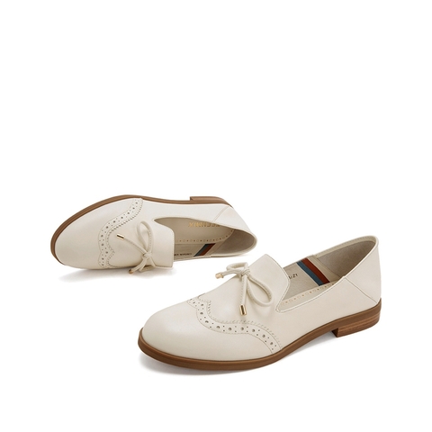 Teenmix/天美意春新款商场同款米白色牛皮革女皮鞋CBQ08AQ9