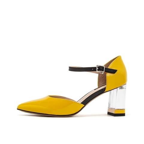 Teenmix/天美意夏新款商场同款黄色尖头透明粗跟牛皮革女皮凉鞋高跟鞋CIM38BK9