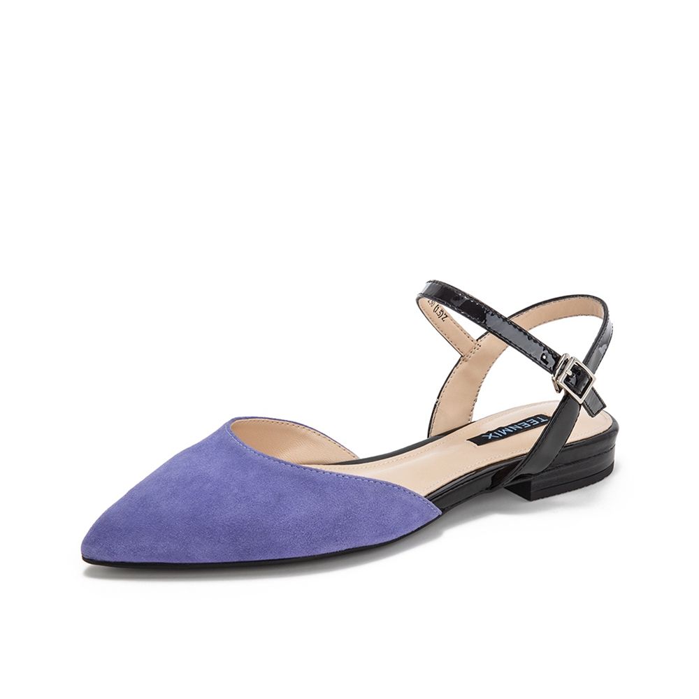 Teenmix/天美意夏新款商场同款兰紫色尖头羊绒皮革女皮凉鞋CB538BK9