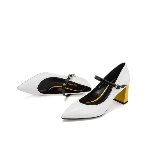 Teenmix/天美意春新款商场同款白色尖头撞色牛皮革女皮鞋单鞋CIM02AQ9