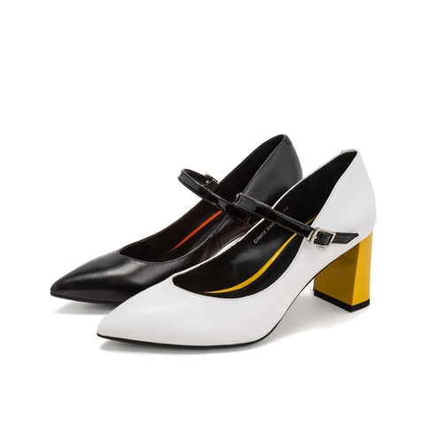 Teenmix/天美意春新款商场同款白色尖头撞色牛皮革女皮鞋单鞋CIM02AQ9