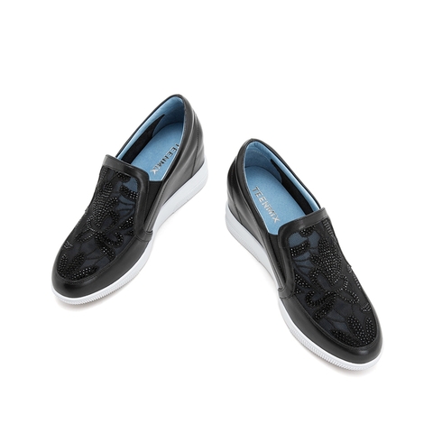 Teenmix/天美意春新款商场同款黑色牛皮革女休闲鞋懒人鞋AT451AM9