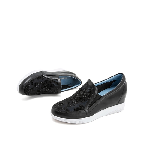 Teenmix/天美意春新款商场同款黑色牛皮革女休闲鞋懒人鞋AT451AM9