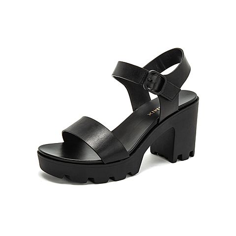 Teenmix/天美意夏新款商场同款黑色一字带高跟女皮凉鞋6K213BL9