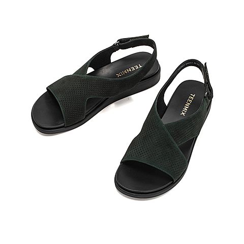 Teenmix/天美意夏新款商场同款绿色磨砂休闲女皮凉鞋CC821BL9