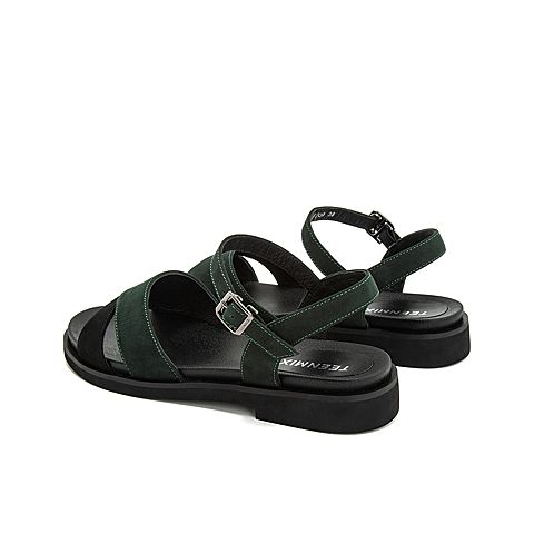 Teenmix/天美意夏新款商场同款墨绿色交叉拼色磨砂女皮凉鞋CFJ09BL9