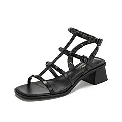 Teenmix/天美意夏新款商场同款黑色丁字式铆钉女皮凉鞋CI504BL9